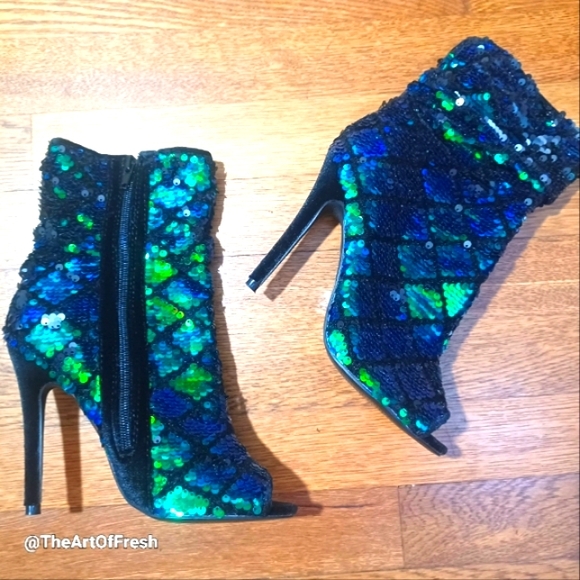 QUPID Sequin Ankle Boots - Sparkling Blue And Green Rhinestones - Picture 5 of 11